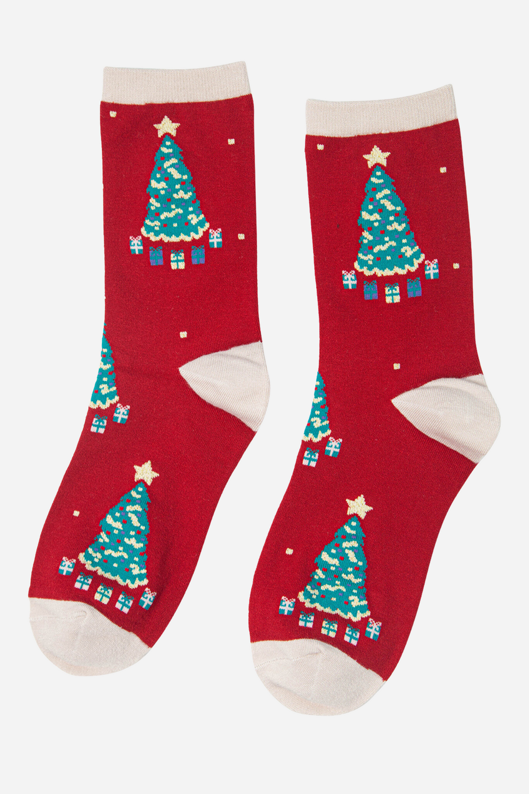 Red Women's Christmas Tree Print Bamboo Socks