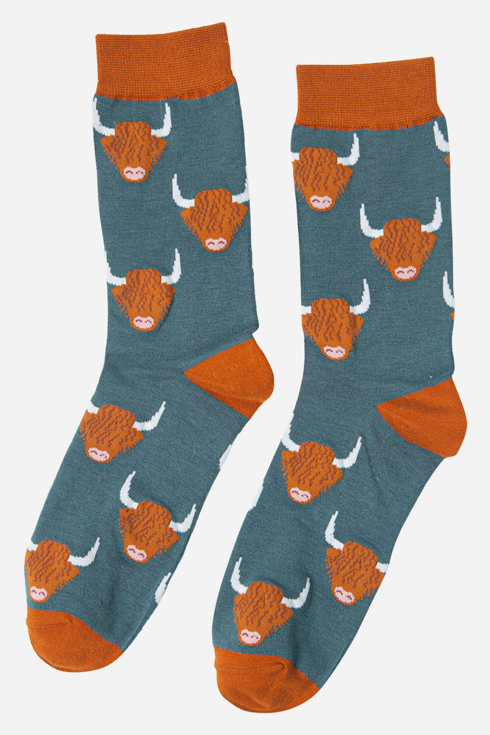 teal blue and orange highland cow socks