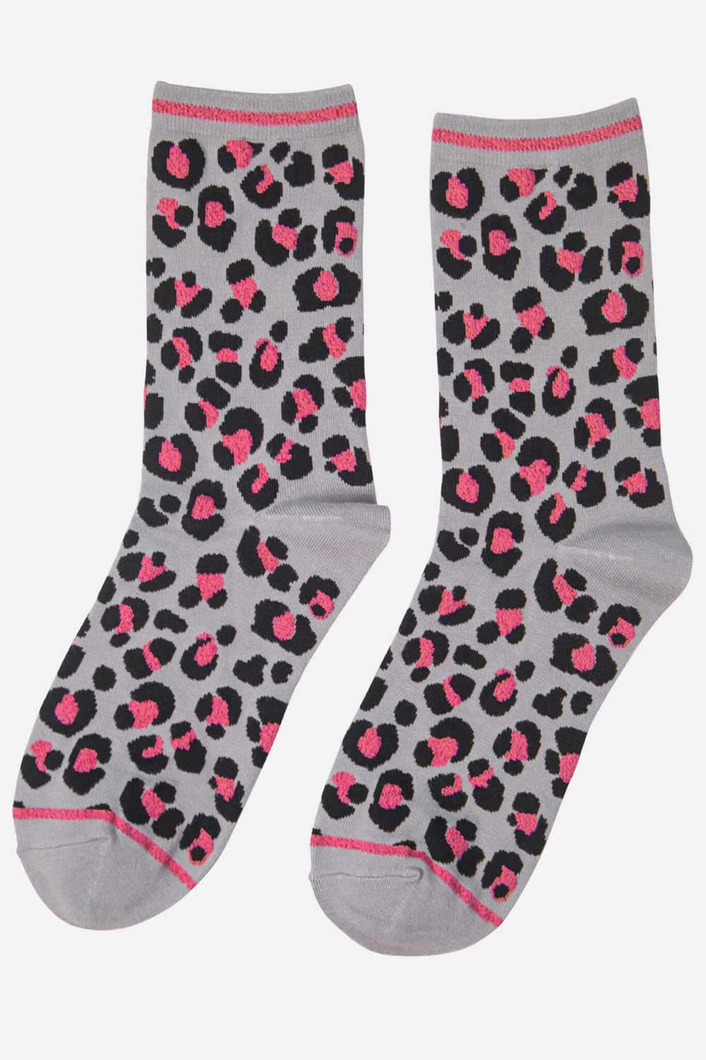 grey and pink animal print pattern socks with a pink striped cuff and toe