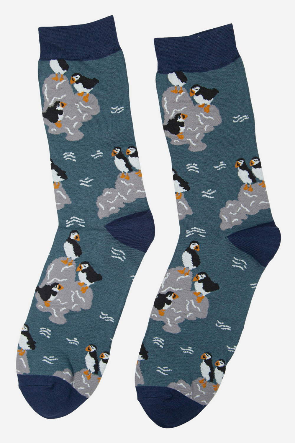 teal puffin bird socks, showing the all over pattern on the bamboo dress socks