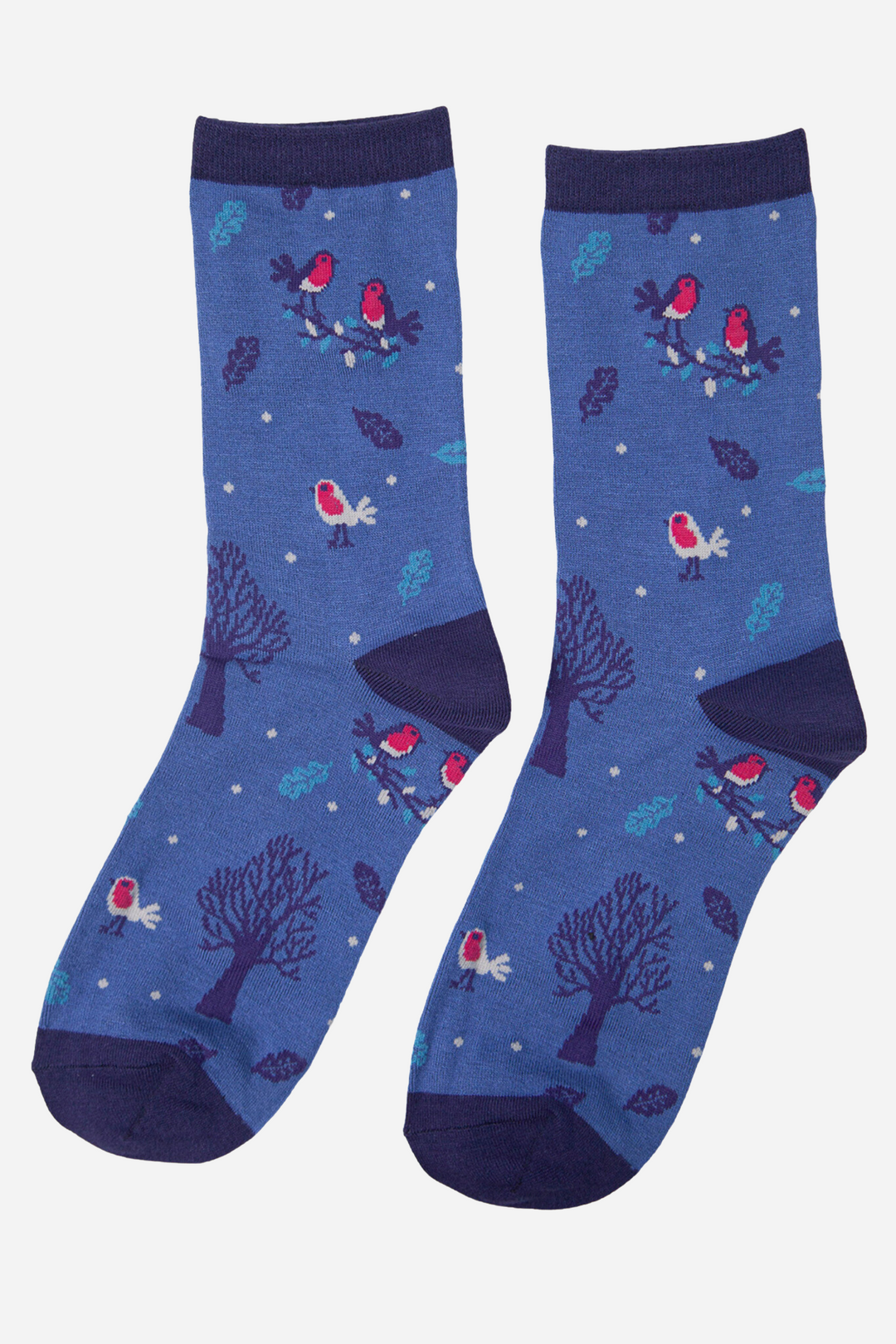 blue bamboo socks with a red robin bird festive design
