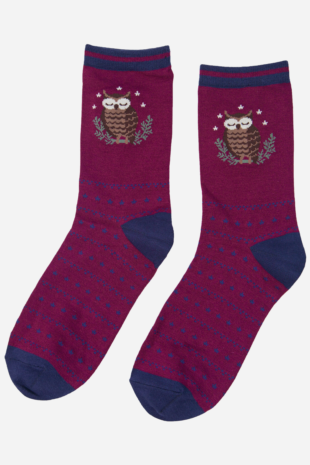 burgundy and navy blue owl bamboo socks