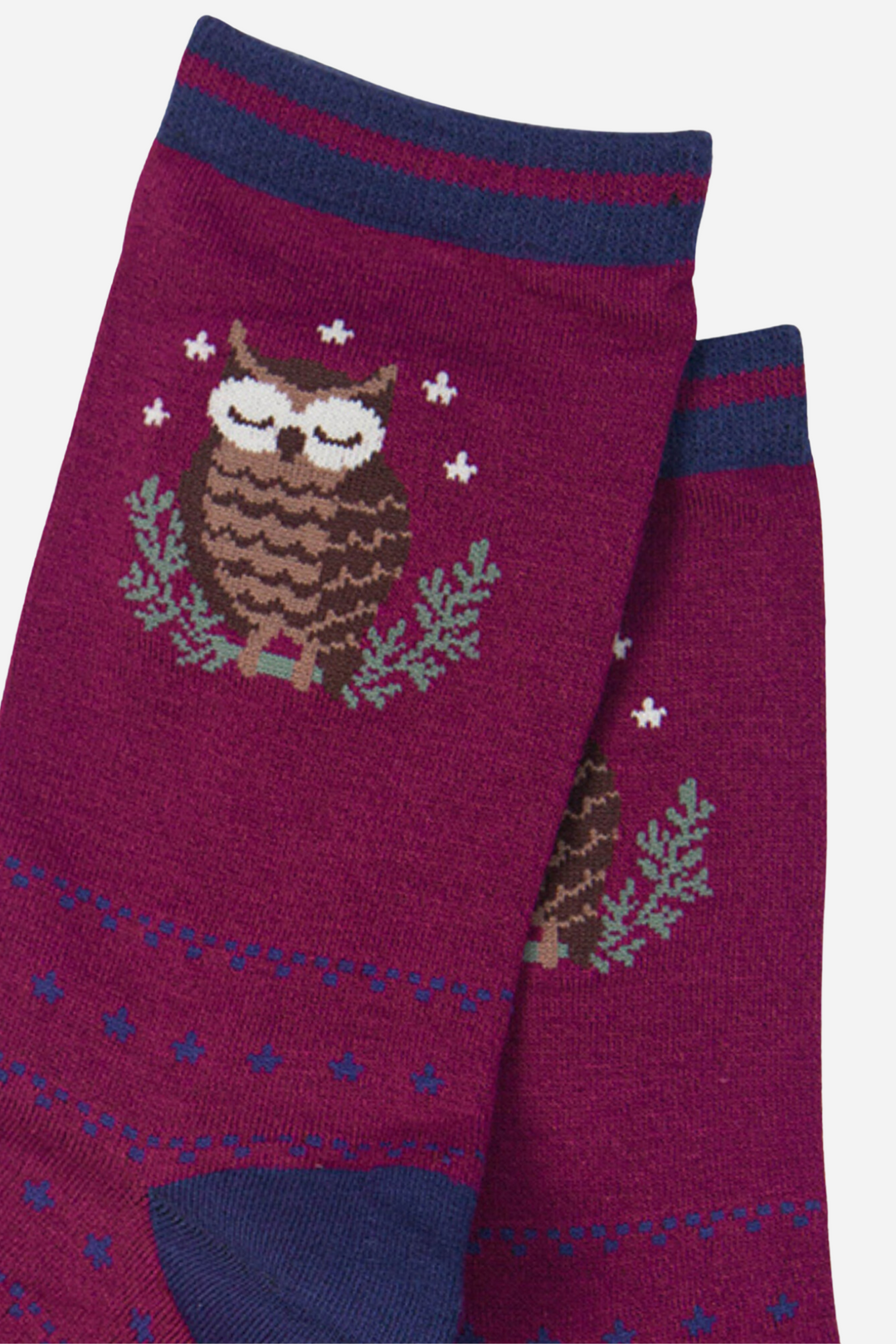 close up of the sleeping owl motif on the ankle of the socks