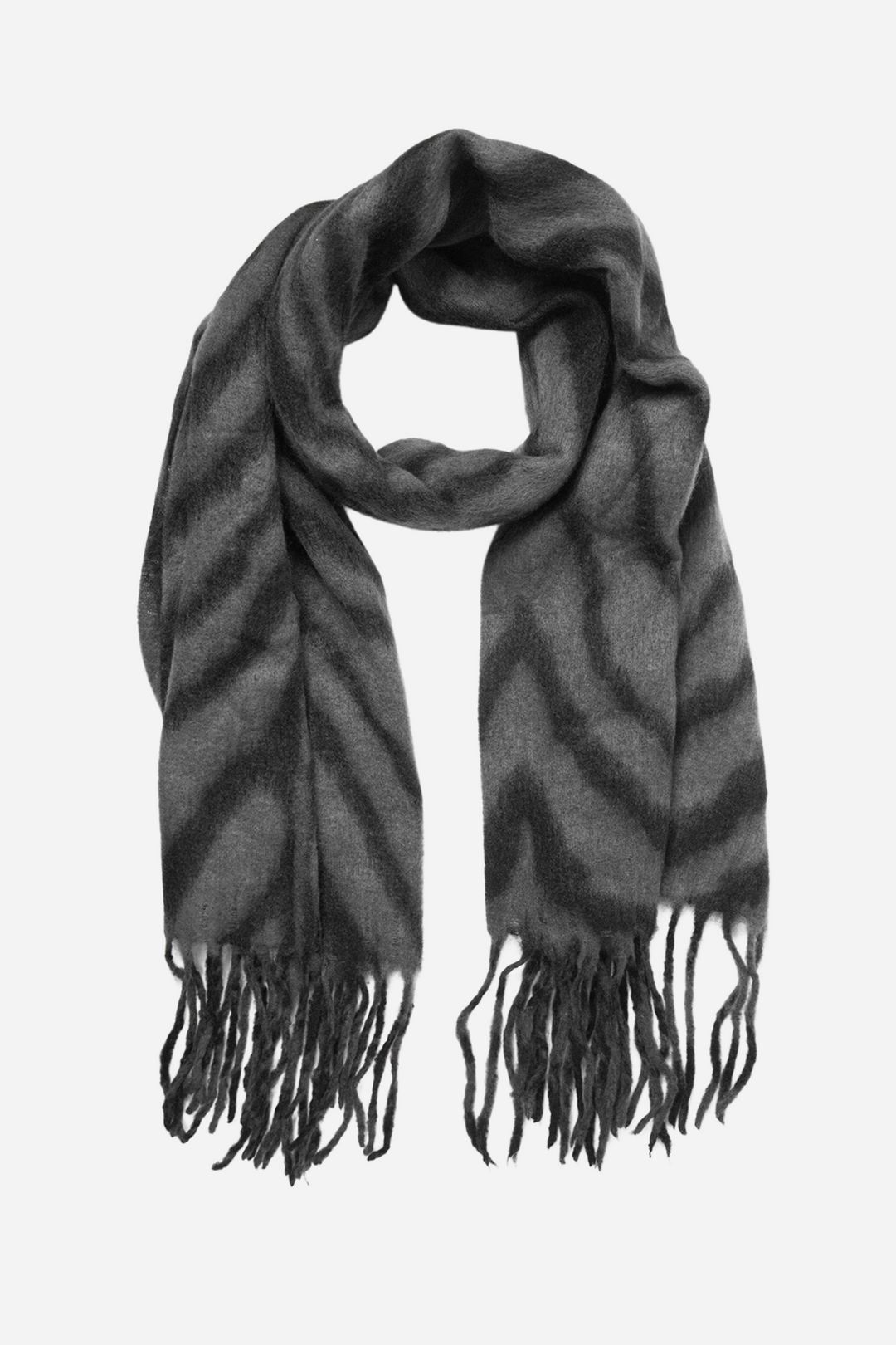 dark and light grey tiger stripe winter scarf with a striped tassel fringe