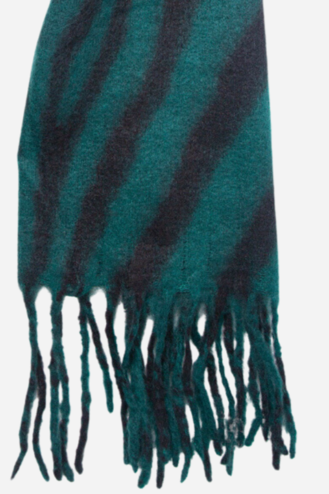 close up of the soft knitted warm material of the scarf and of the tassel trim
