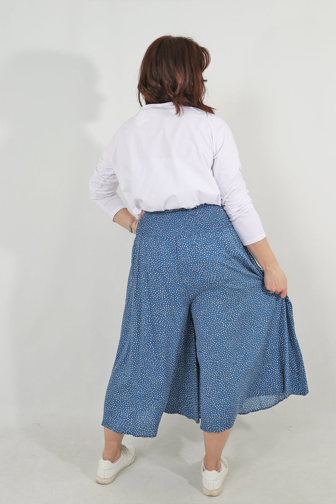 Blue White Scattered Polka Dot Elasticated Waist Culottes