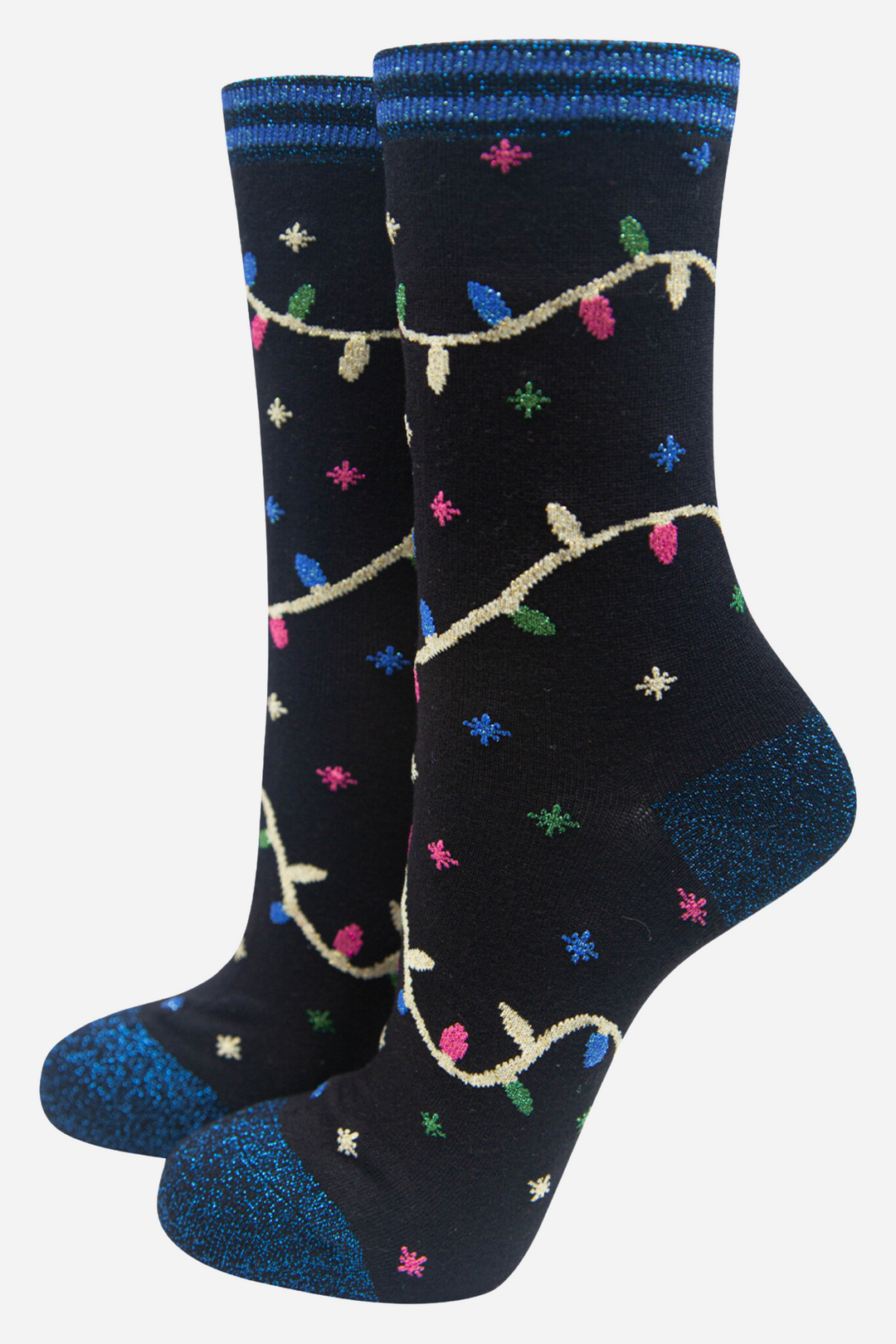 black bamboo socks with a pattern of multicoloured party lights and blue glitter heel, toe and cuff