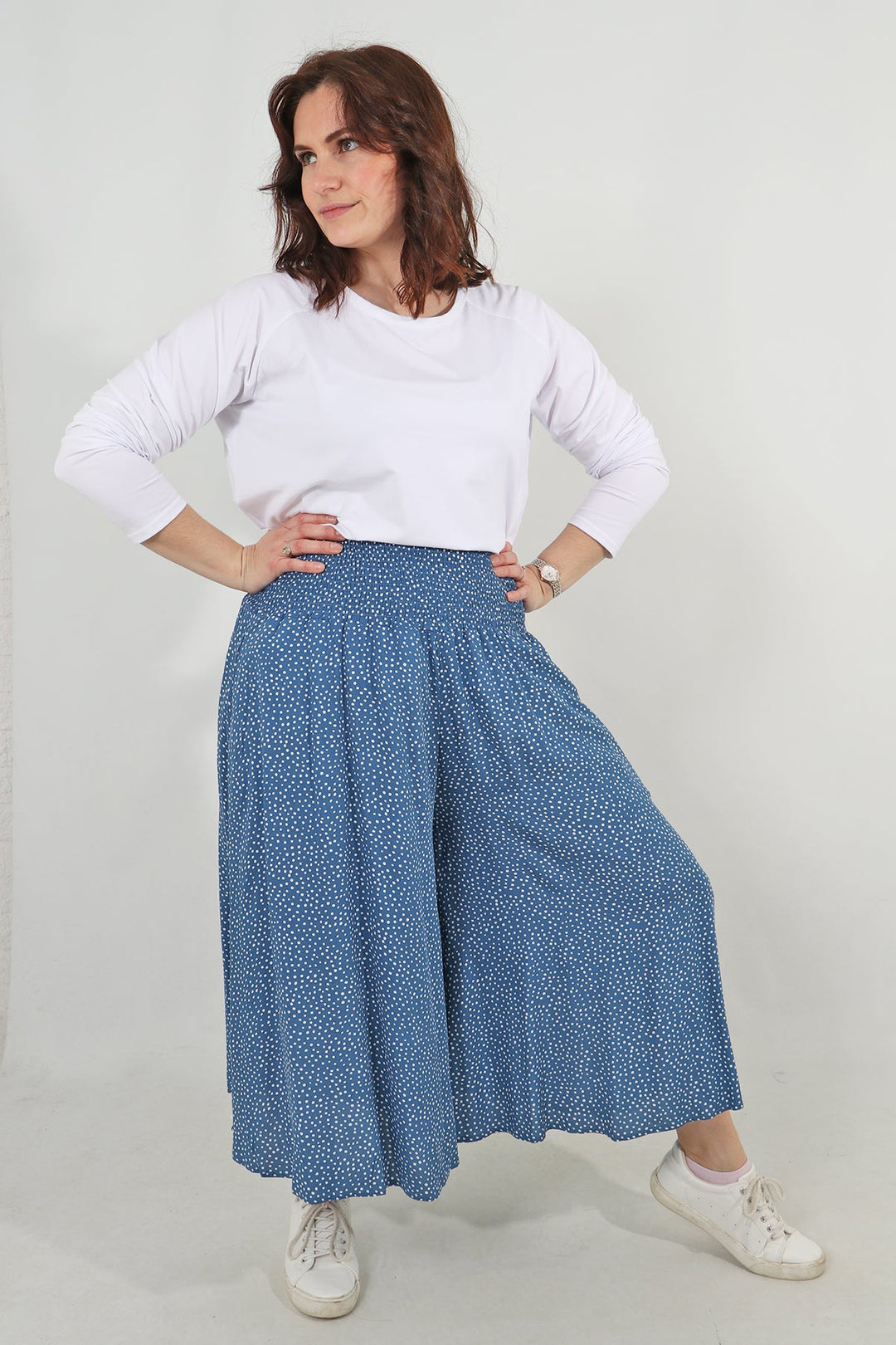 Blue White Scattered Polka Dot Elasticated Waist Culottes
