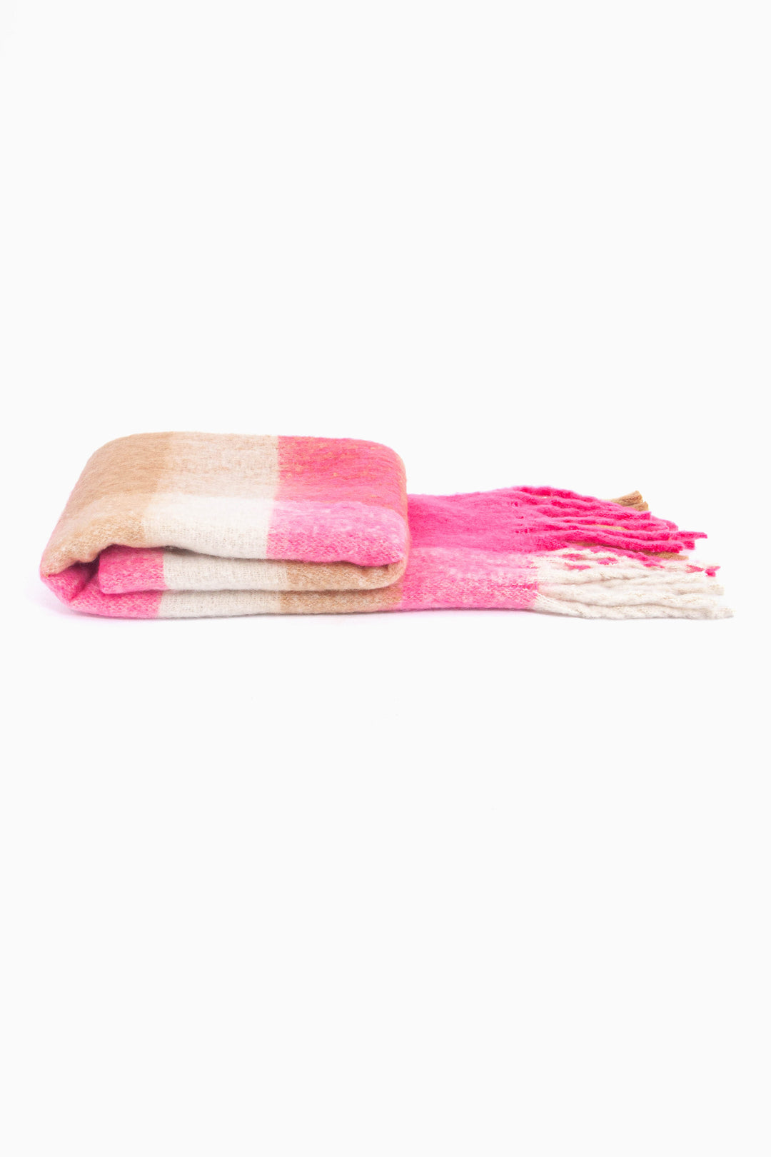 side view of the scarf when folder, showing the texture and thickness of the material. this scarf is warm and winter weight