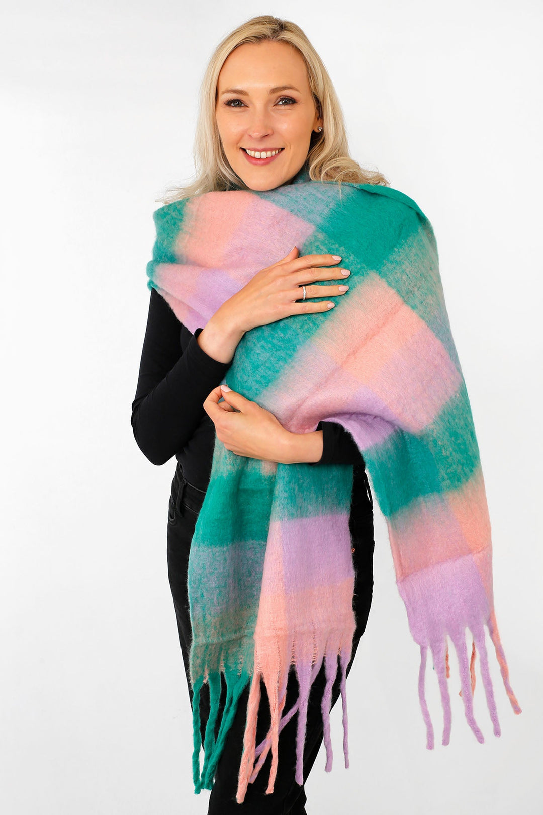 Allie Heavyweight Scarf - Green/Lilac, Square Colour Block