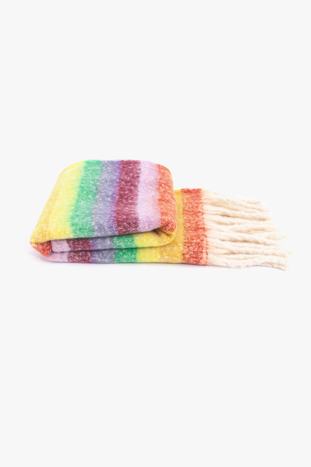 side view of the scarf when folder, showing the texture and thickness of the material. this scarf is warm and winter weight