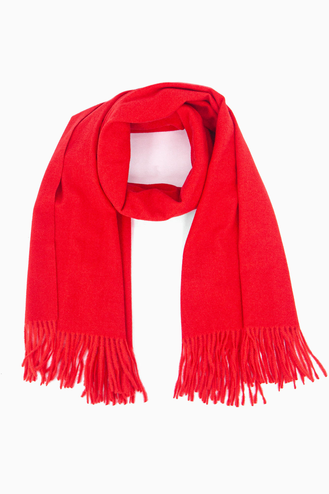 plain red winter scarf with a tasselled fringe
