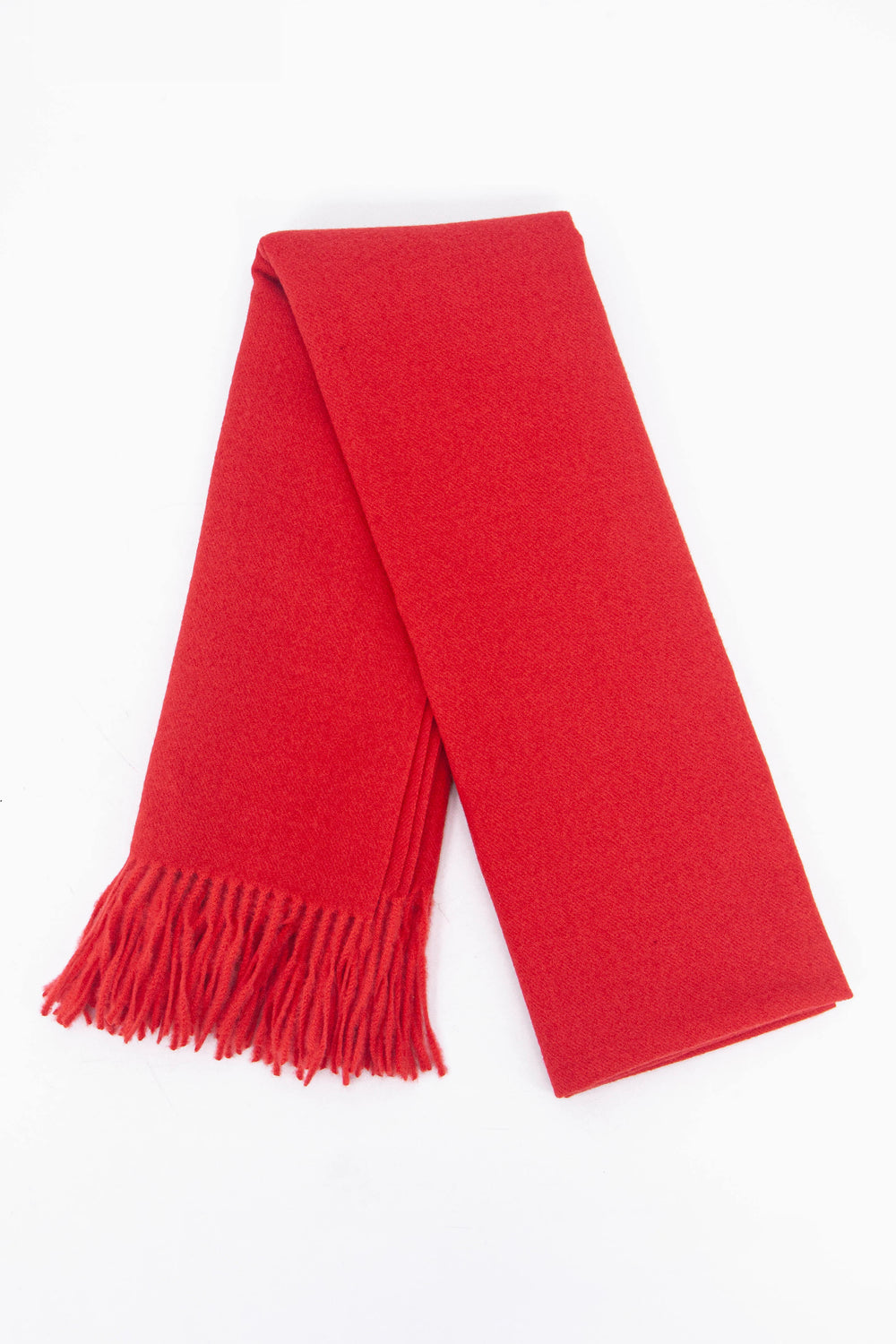 showing the scarf folded while laying flat, the plain red design is shown