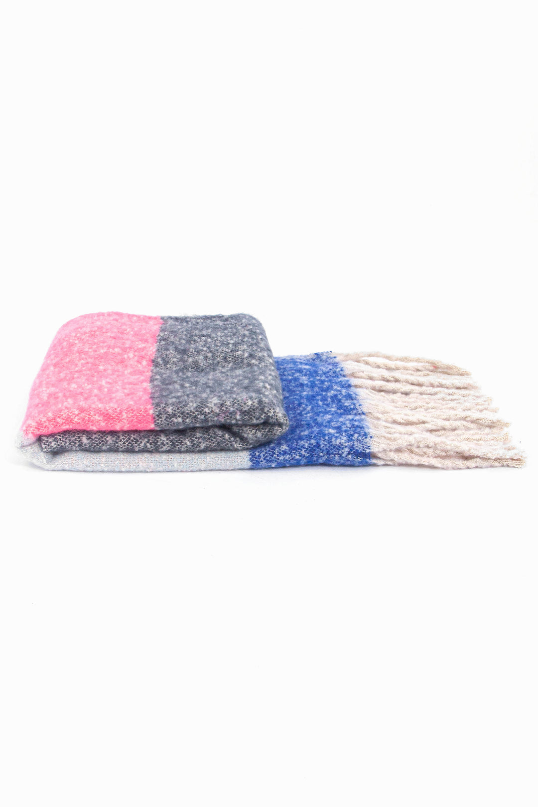 side view of the scarf when folder, showing the texture and thickness of the material. this scarf is warm and winter weight