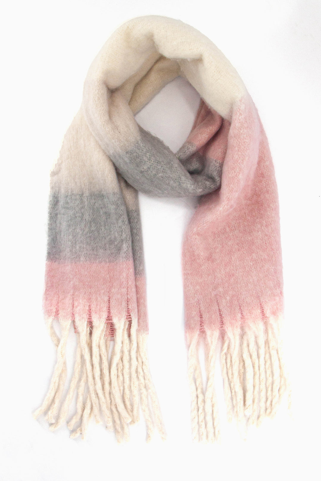 light pink, grey and cream colour block heavyweight winter scarf with white tassel trims