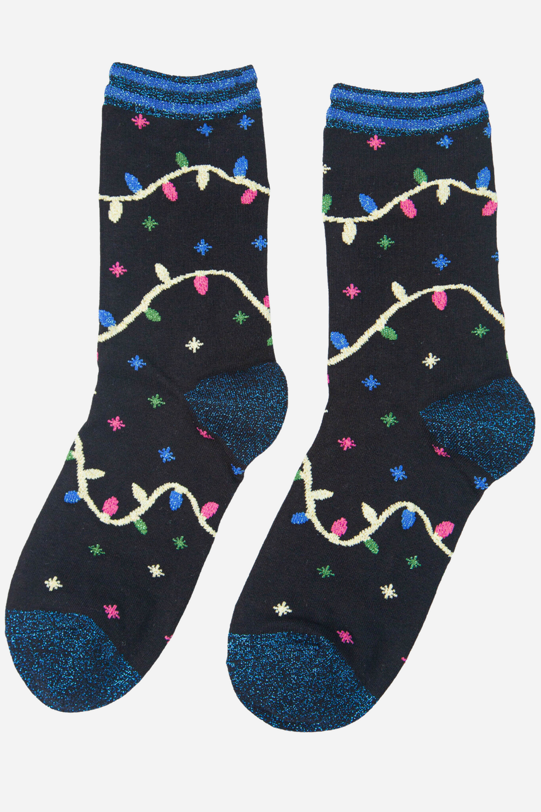 black socks with blue glitter accents and a pattern of colourful party lights