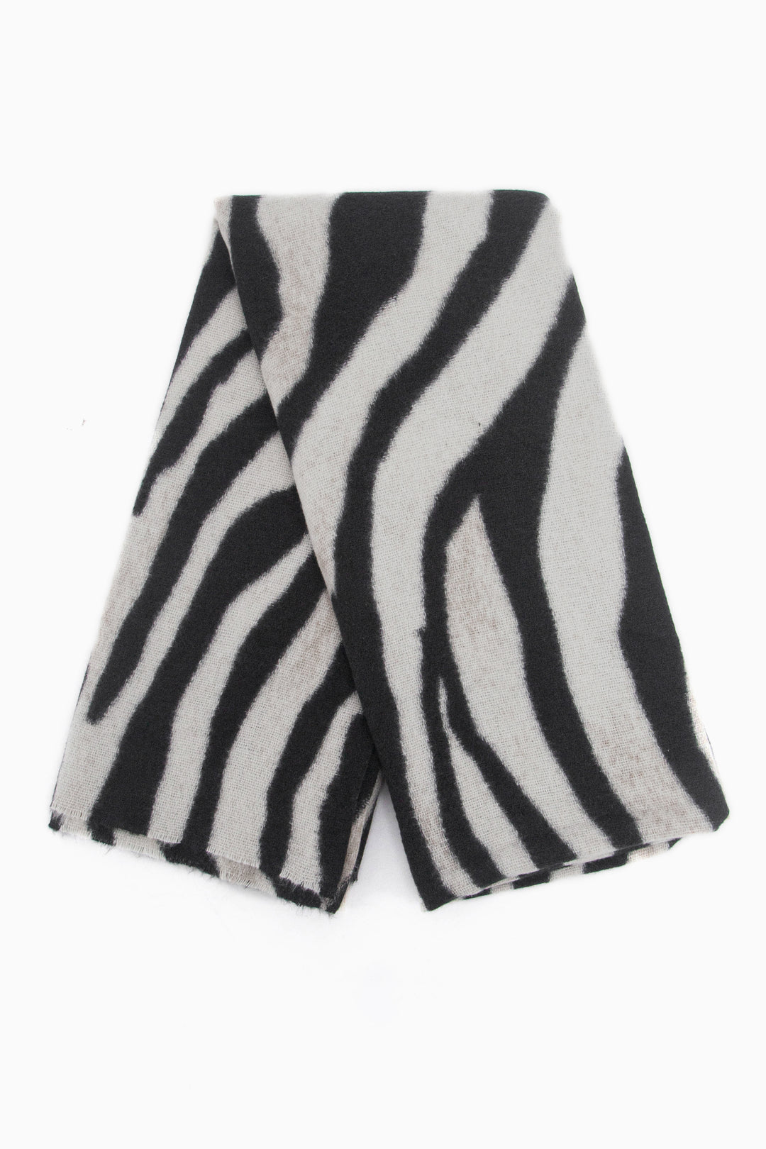 showing the scarf folded, the cream and black zebra stripe pattern is shown to cover the whole design.