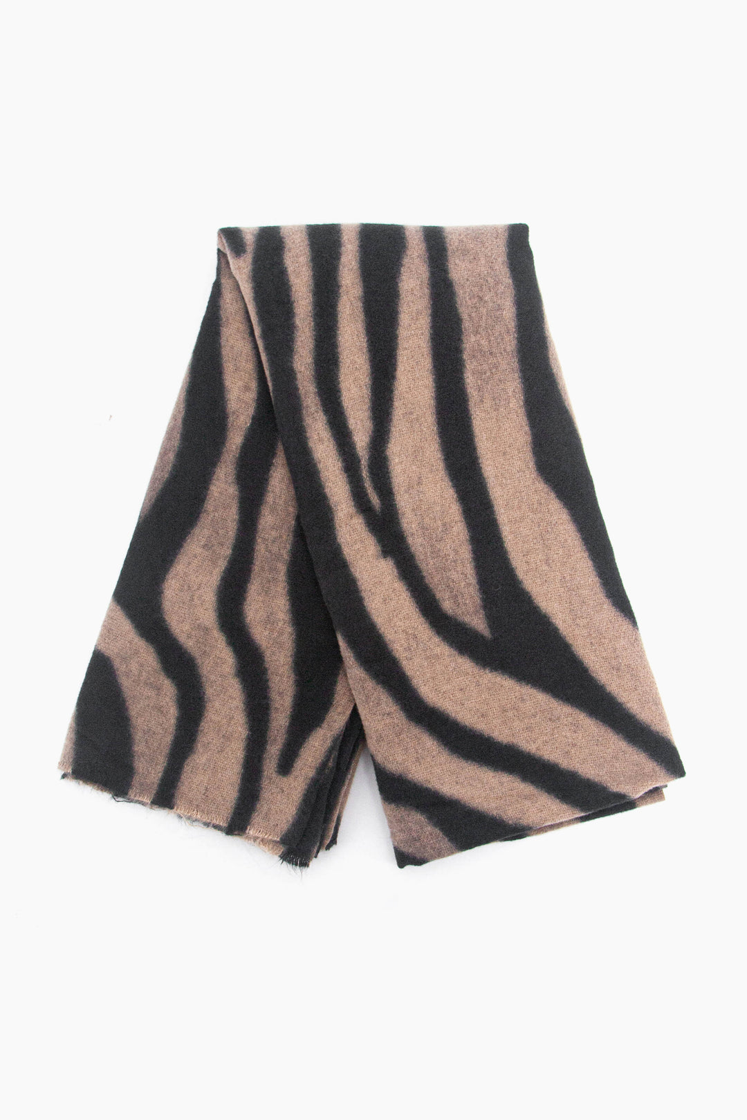 showing the scarf folded, the neutral beige and black zebra stripe pattern is shown to cover the whole design.