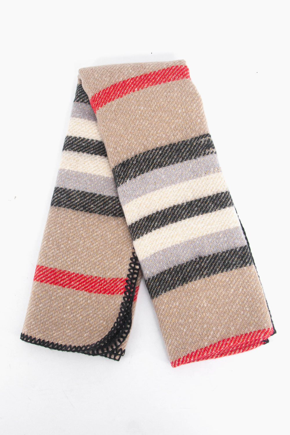 showing the scarf folded while laying flat, the cream, beige, black and red stripe pattern is clearly highlighted.