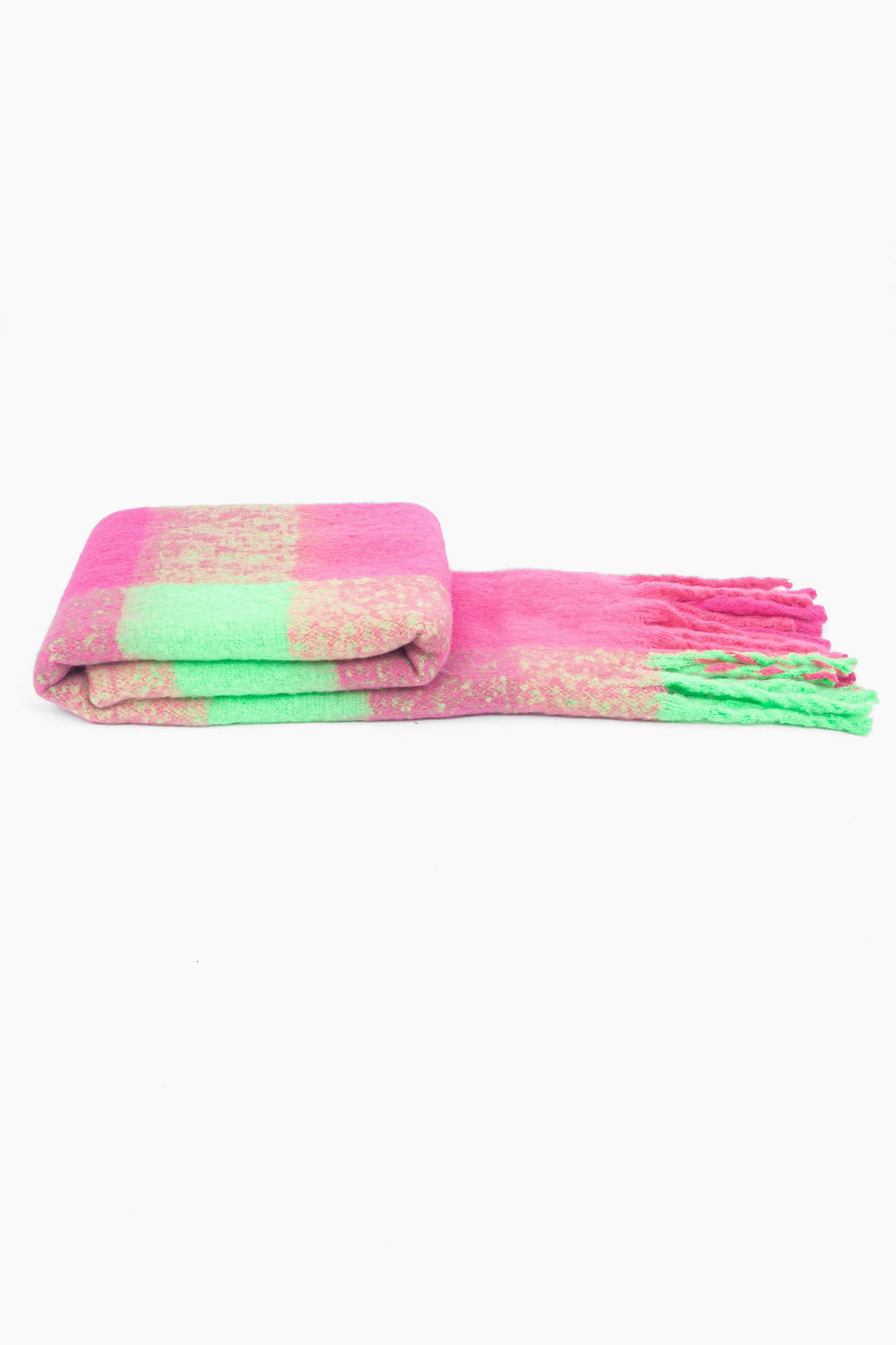side view of the scarf when folder, showing the texture and thickness of the material. this scarf is warm and winter weight