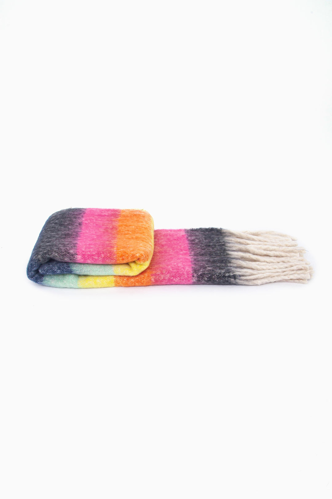 side view of the scarf when folder, showing the texture and thickness of the material. this scarf is warm and winter weight