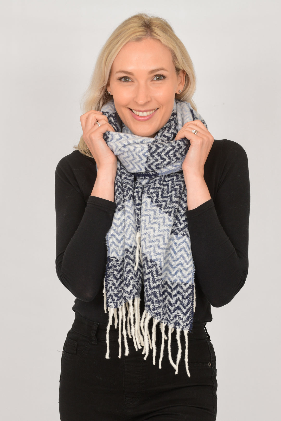 Navy Blue Denim Blue Colourblock Striped Heavyweight Scarf