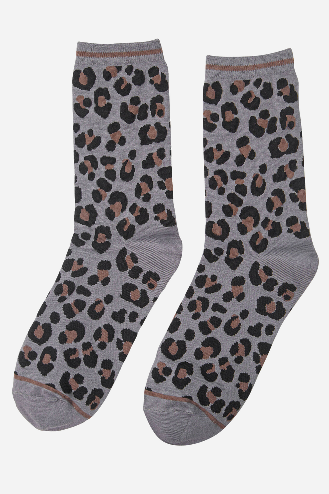 grey and beige animal print pattern socks with a beige striped cuff and toe