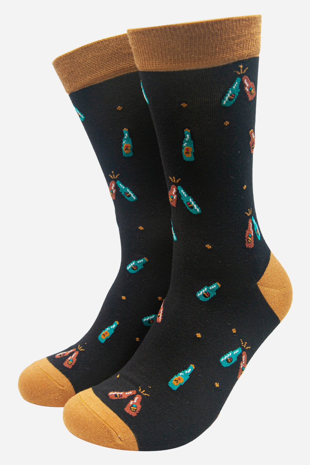 black socks with an a all over pattern of clinking beer bottles