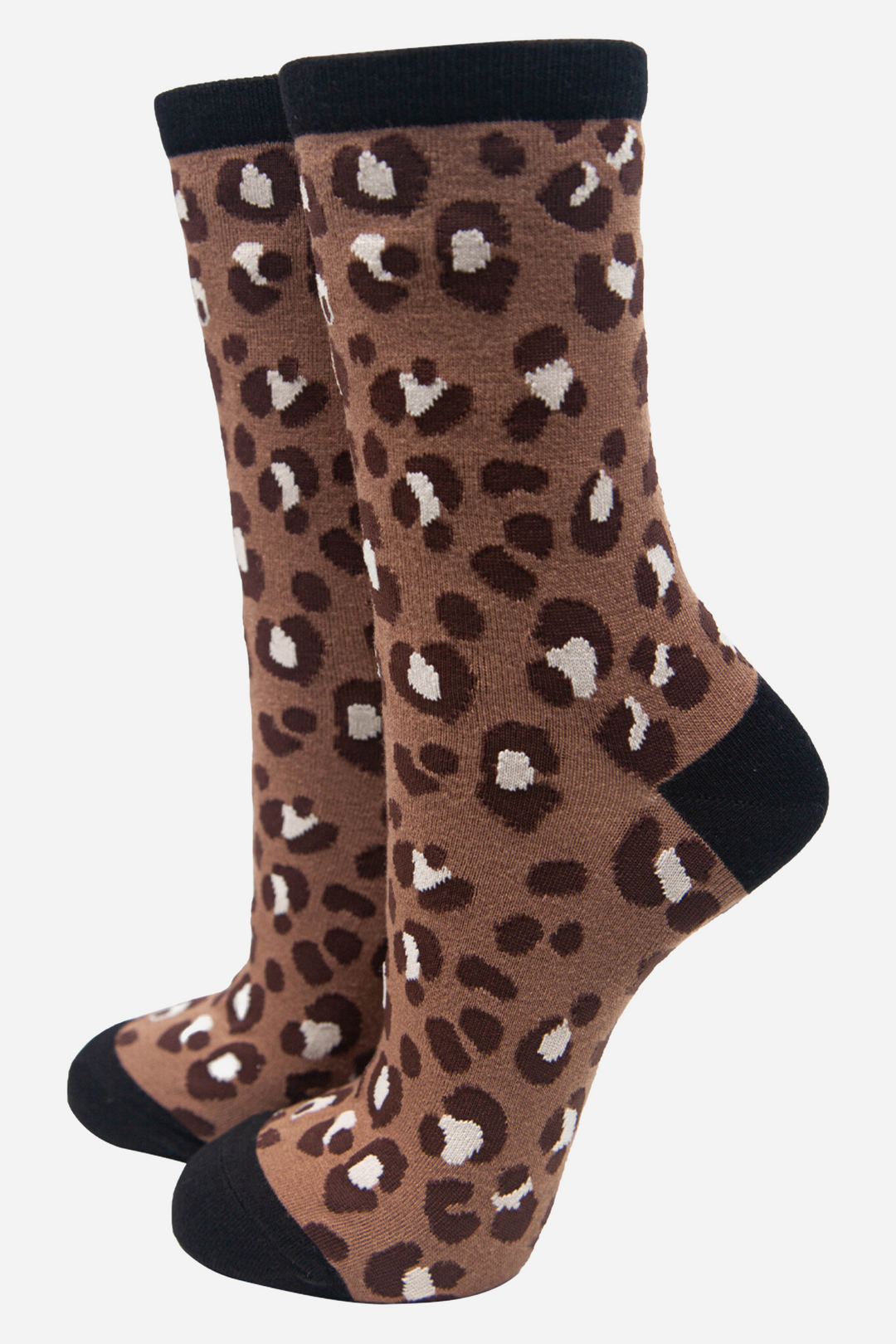 brown bamboo socks with a contrasting beige animal print pattern
