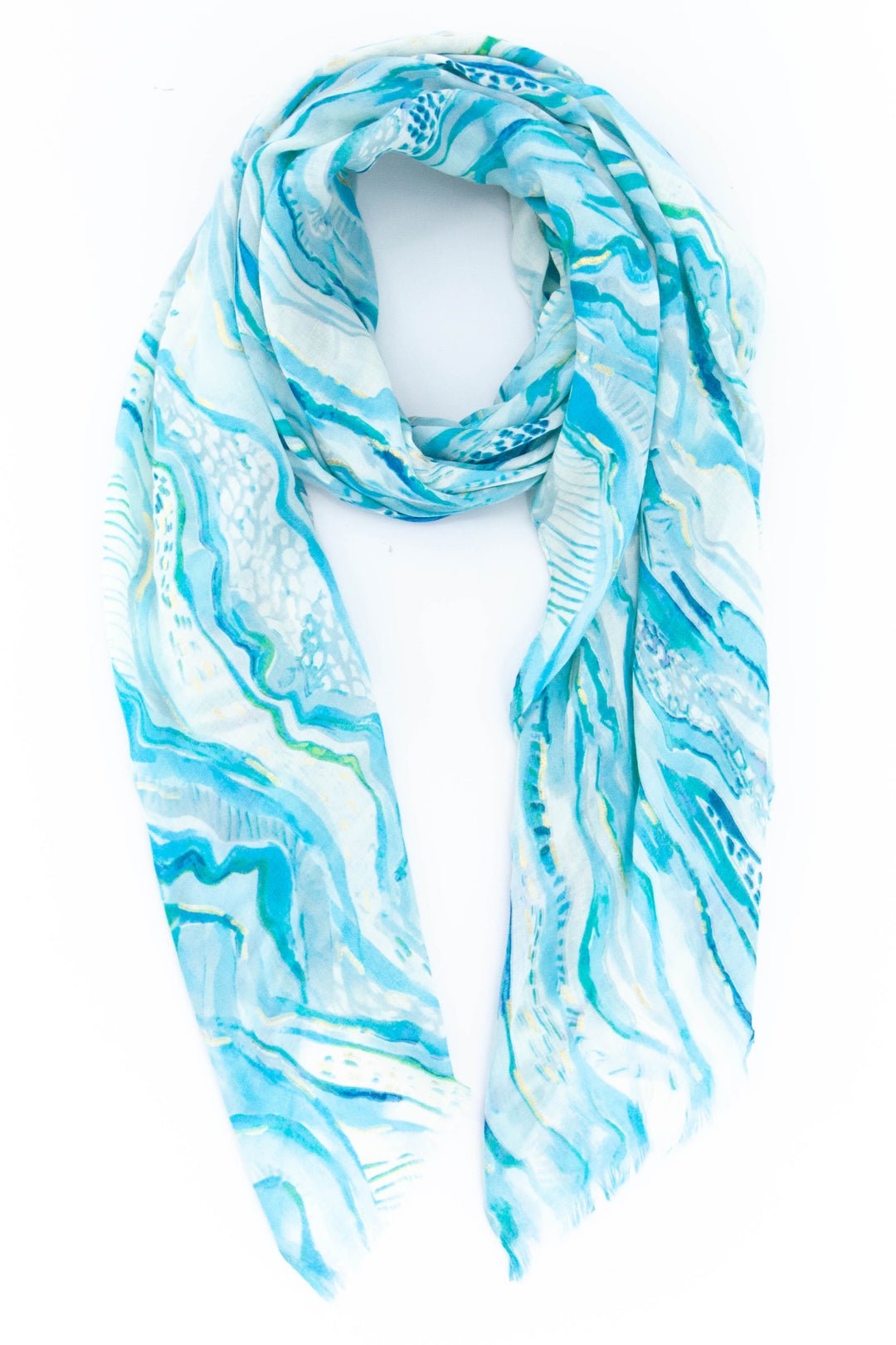 light blue wave pattern scarf with subtle gold foil accents 