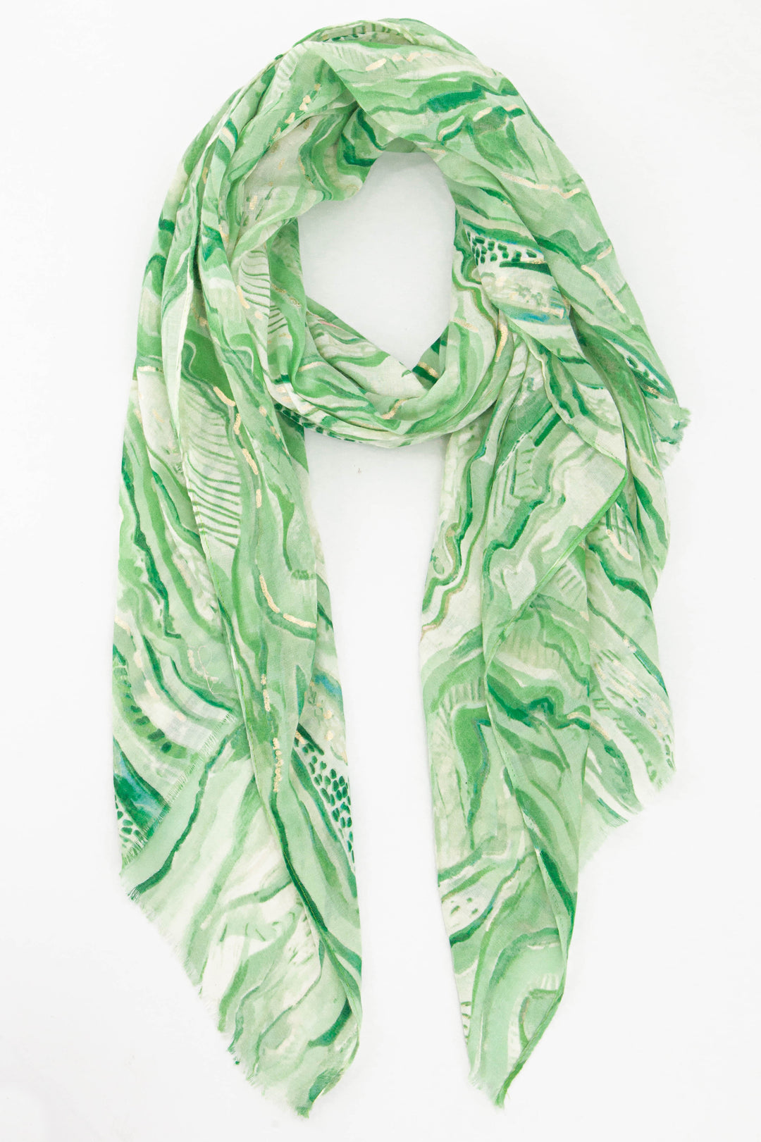 green wave pattern scarf with subtle gold foil accents 