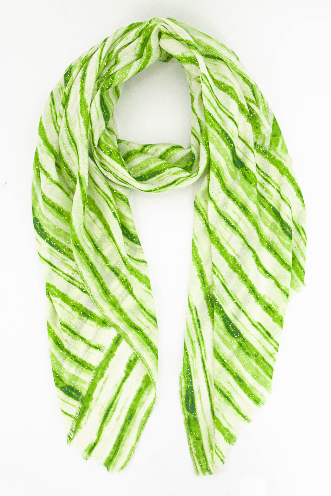 light green and lime green stripe lightweight scarf with an all over gold foil speckle