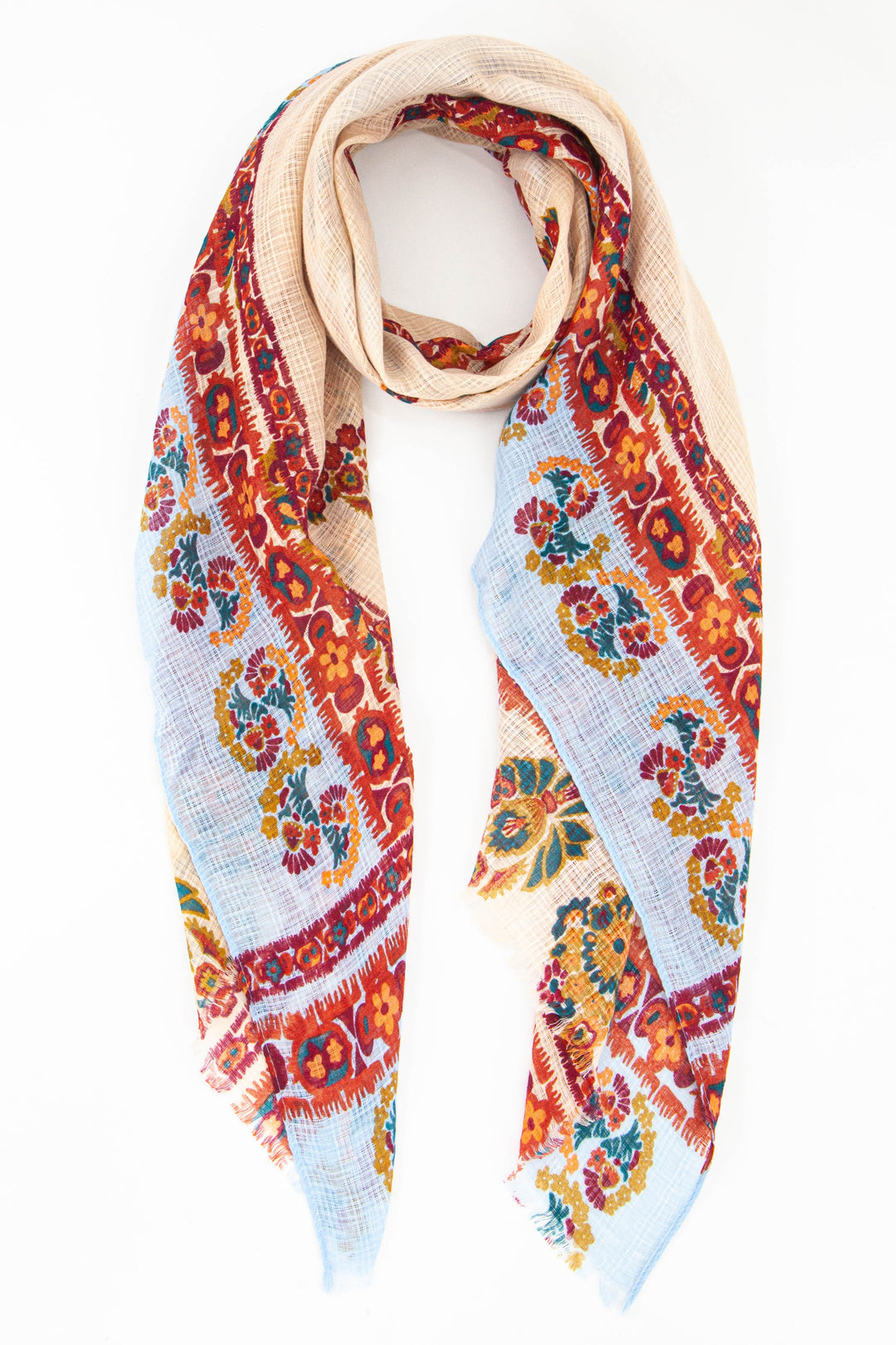 a vintage floral and paisley print lightweight summer scarf in cream and orange