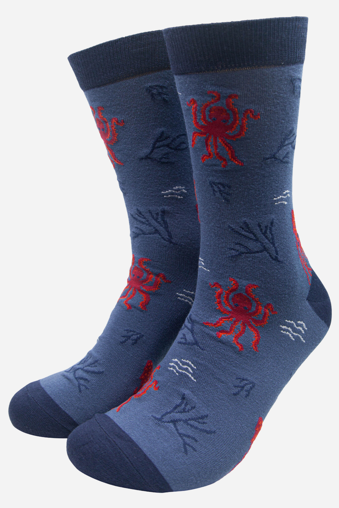 blue socks with a pattern of red octopus and squid