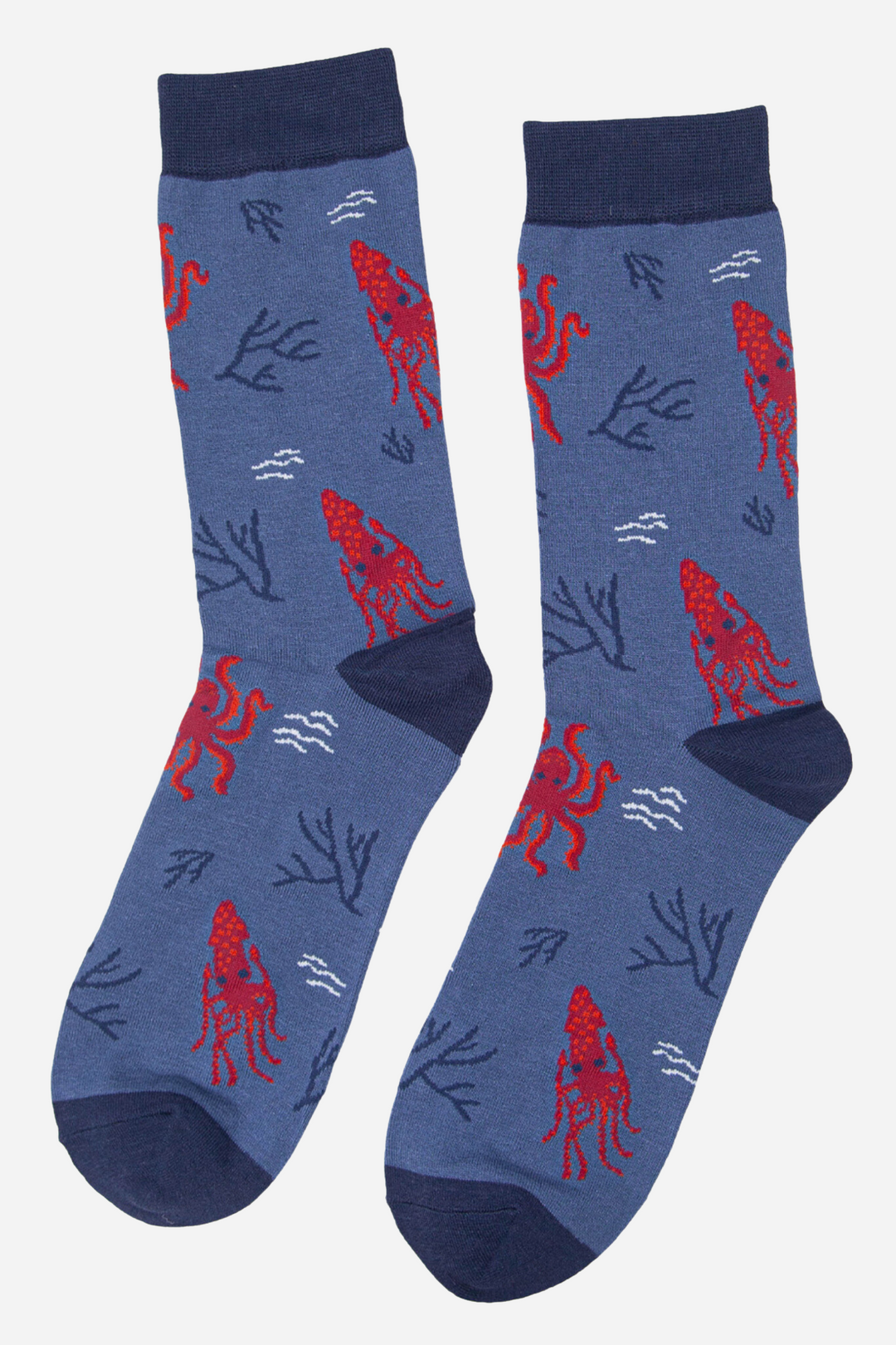 red squid and octopus on denim blue socks