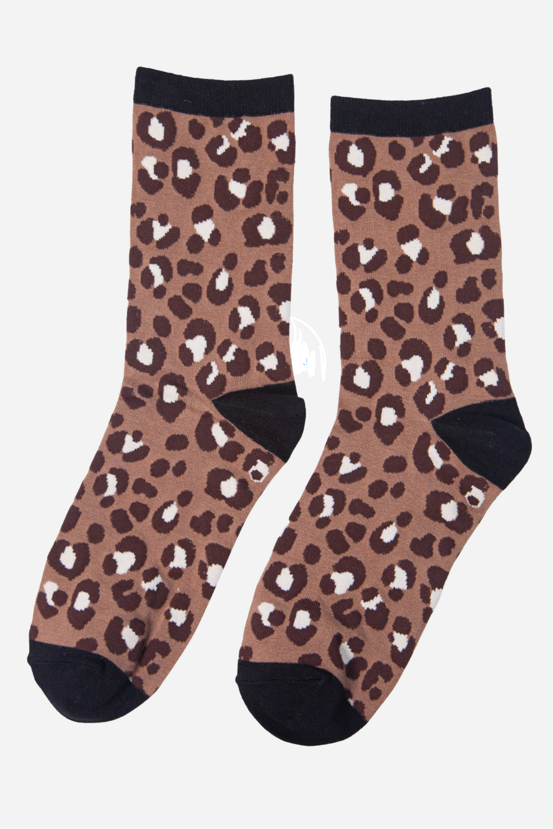 brown and beige animal print pattern socks with a black cuff and toe