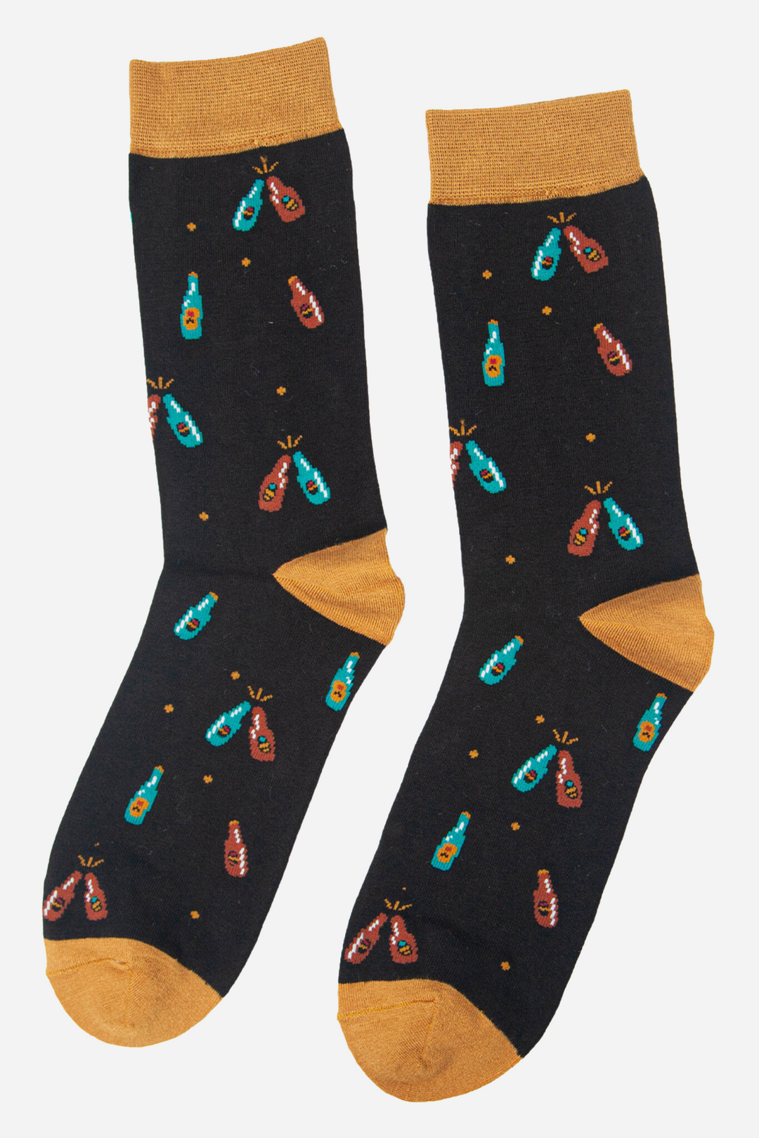 black and gold bamboo socks with a pattern of blue and orange beer bottles all over