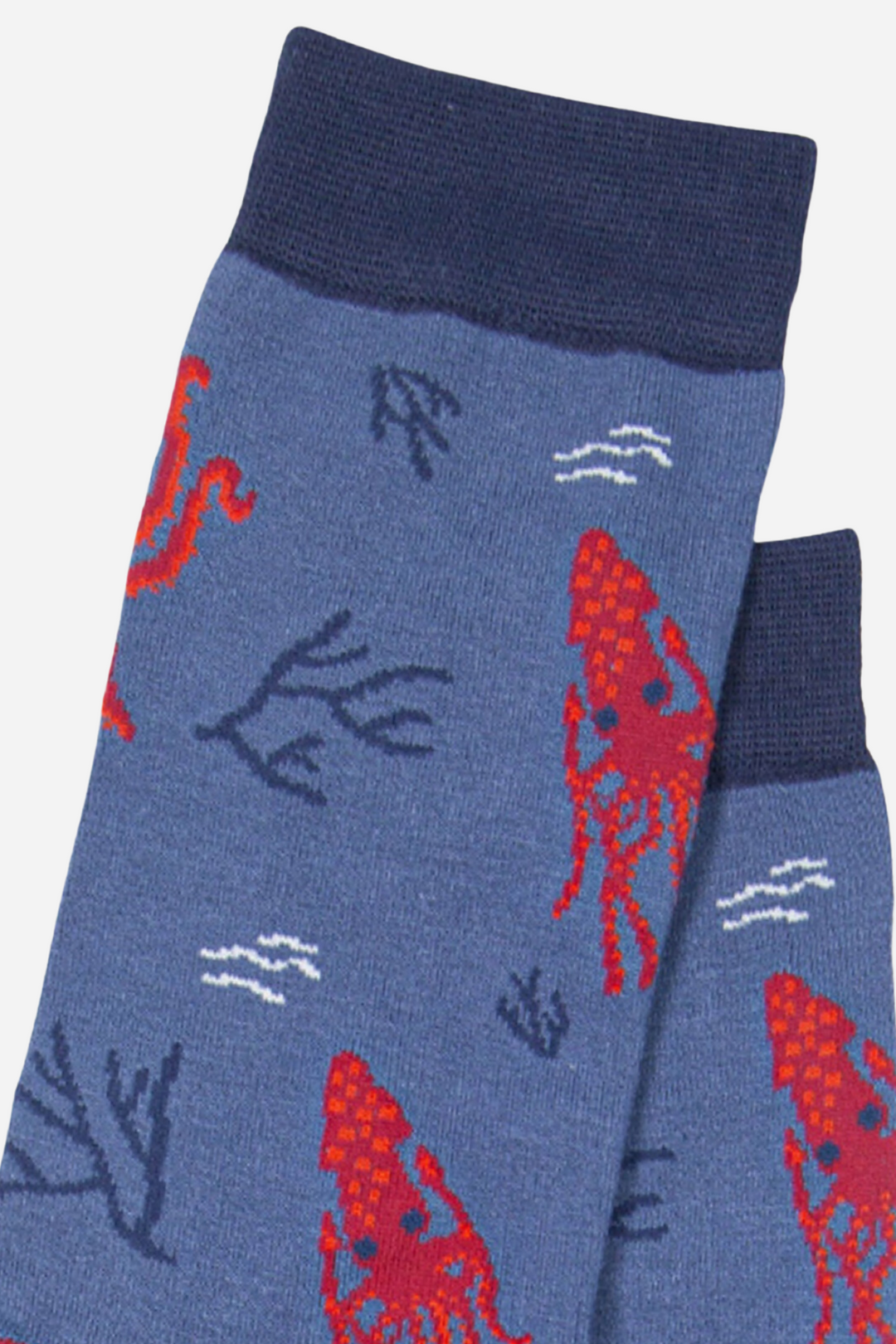 close up of the red squid pattern on the bamboo socks