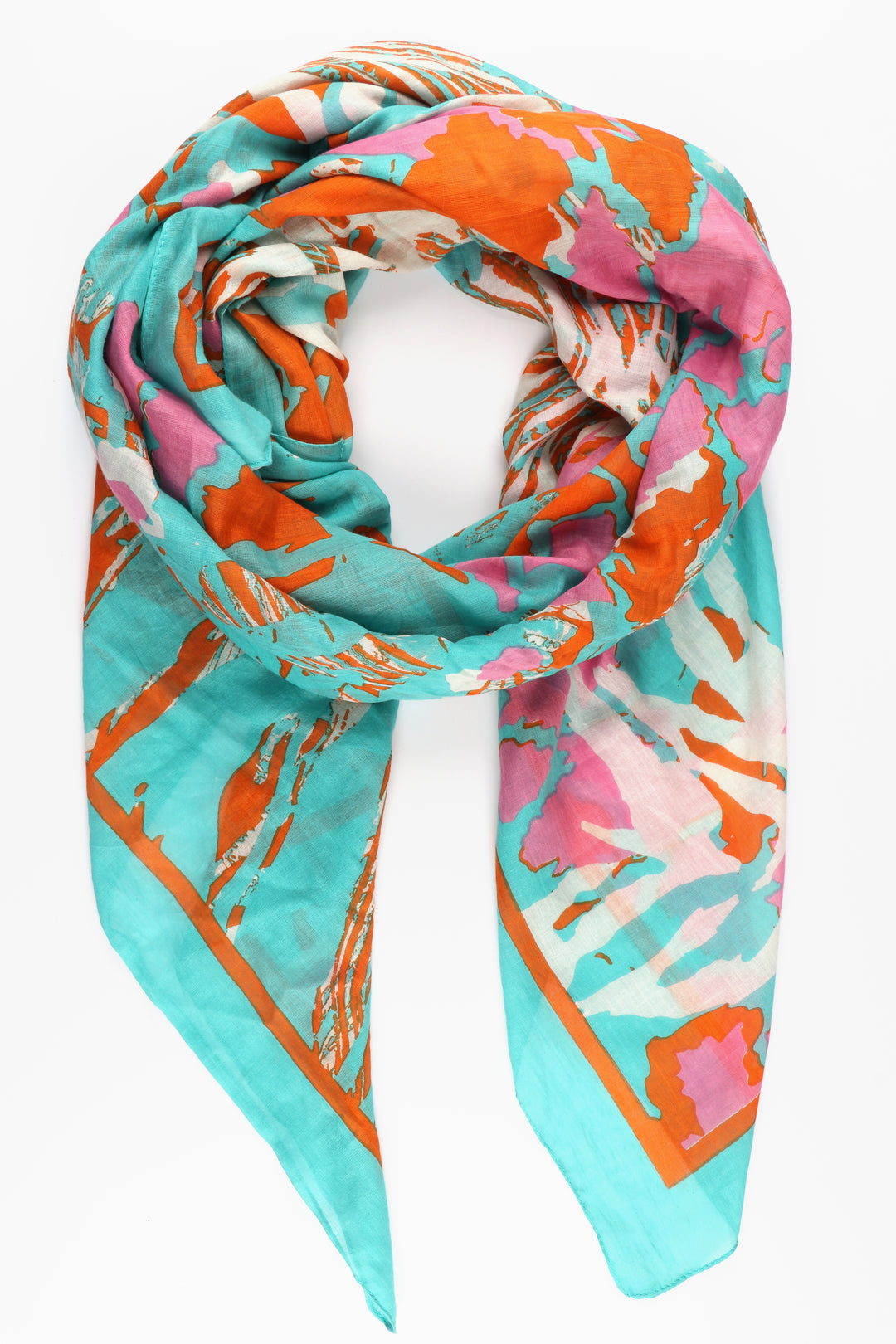 turquoise leaf and animal print cotton scarf with orange border trim