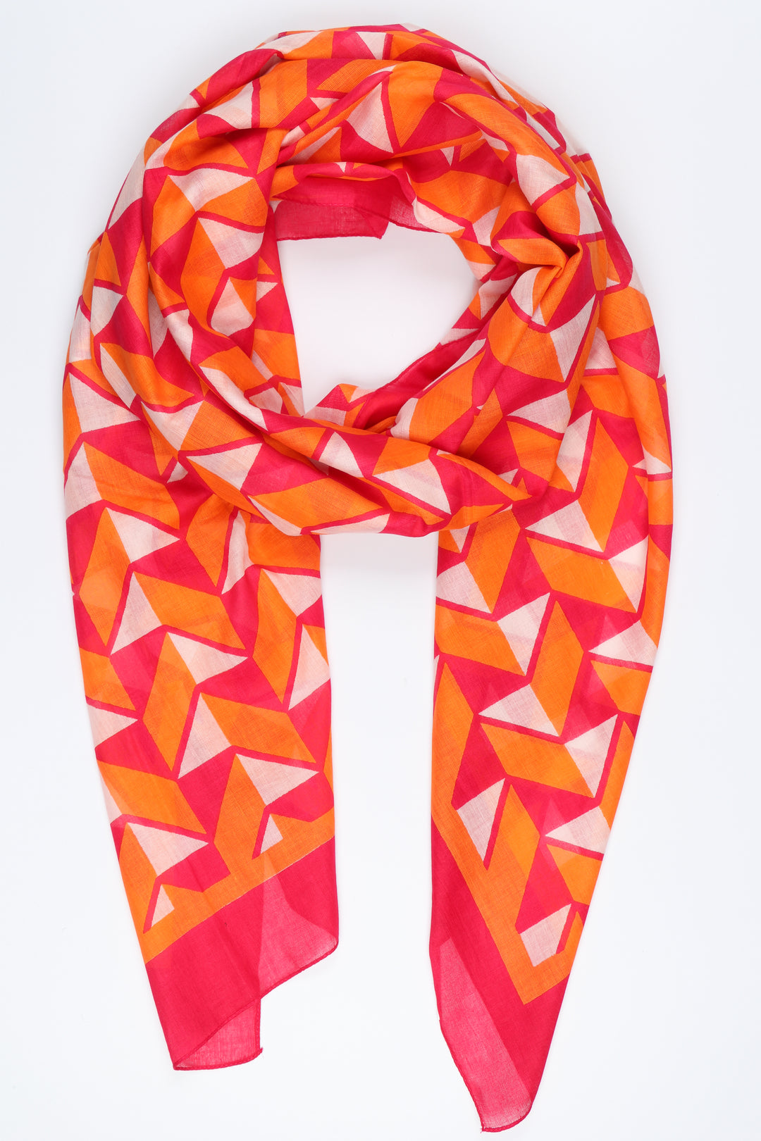 orange and fuchsia pink geometric print cotton scarf with a blue bordered edge