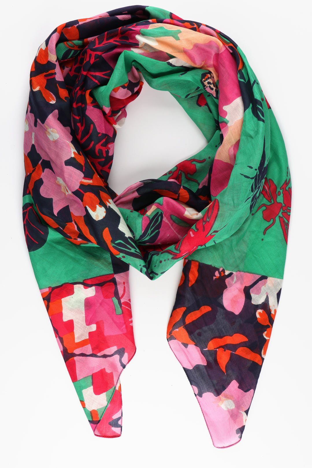green and pink cotton scarf with a floral, tile and bee print pattern