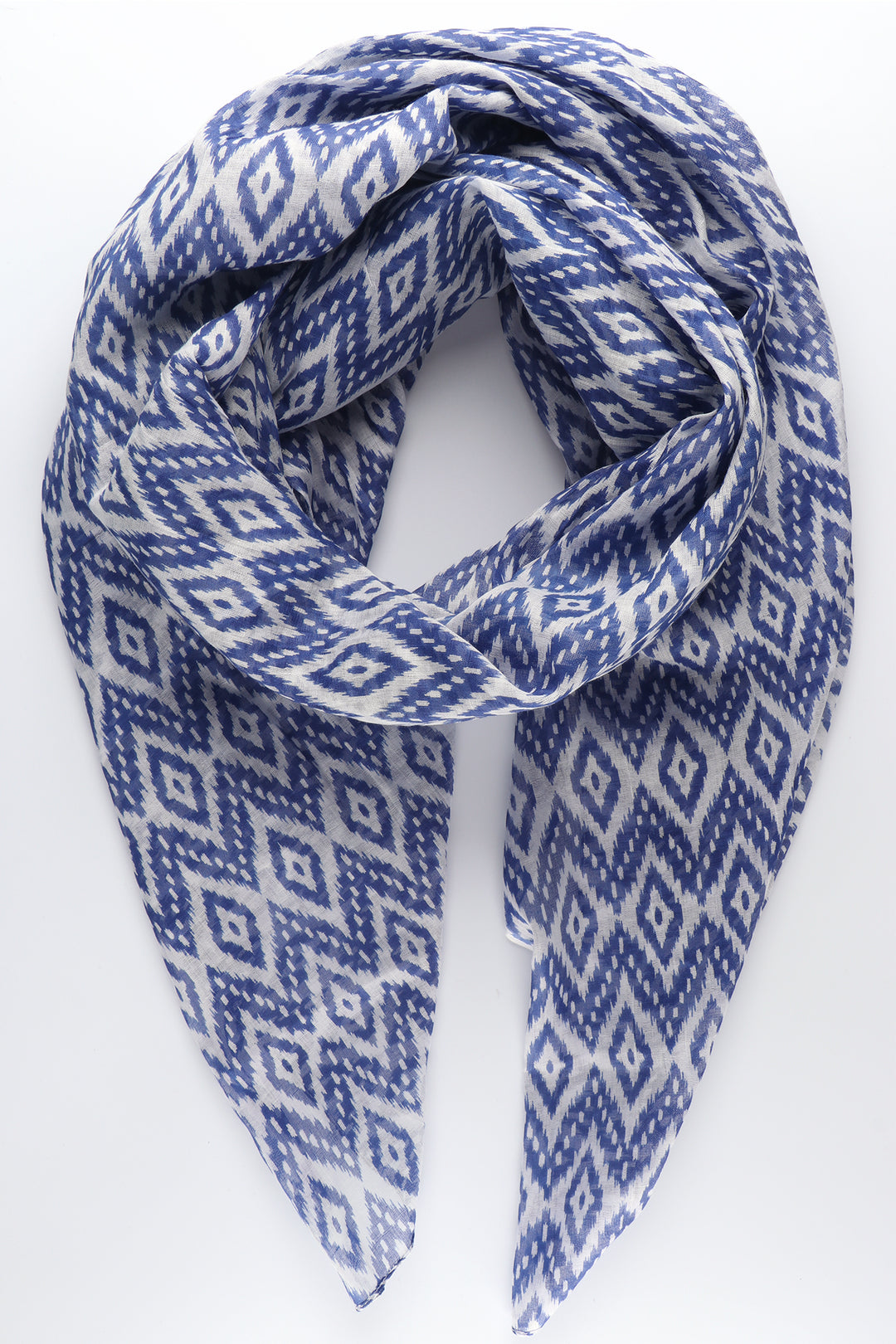 blue and white moroccan ikat pattern cotton summer scarf