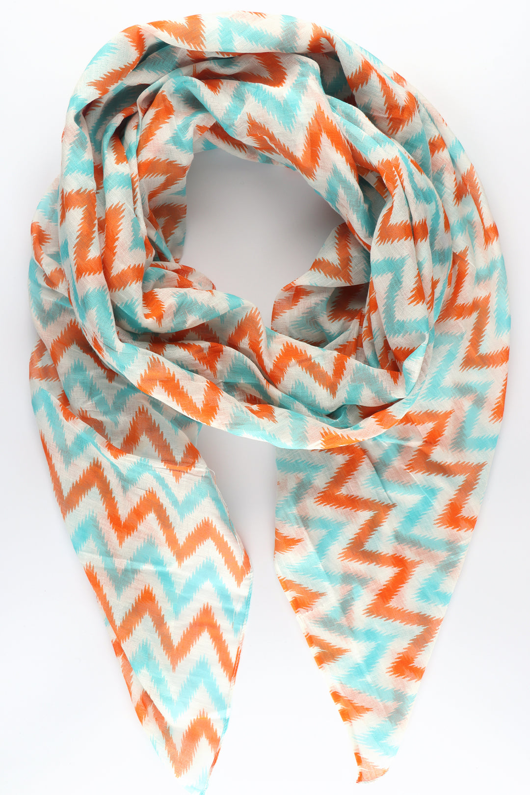 turquoise and orange zig zag pattern cotton scarf