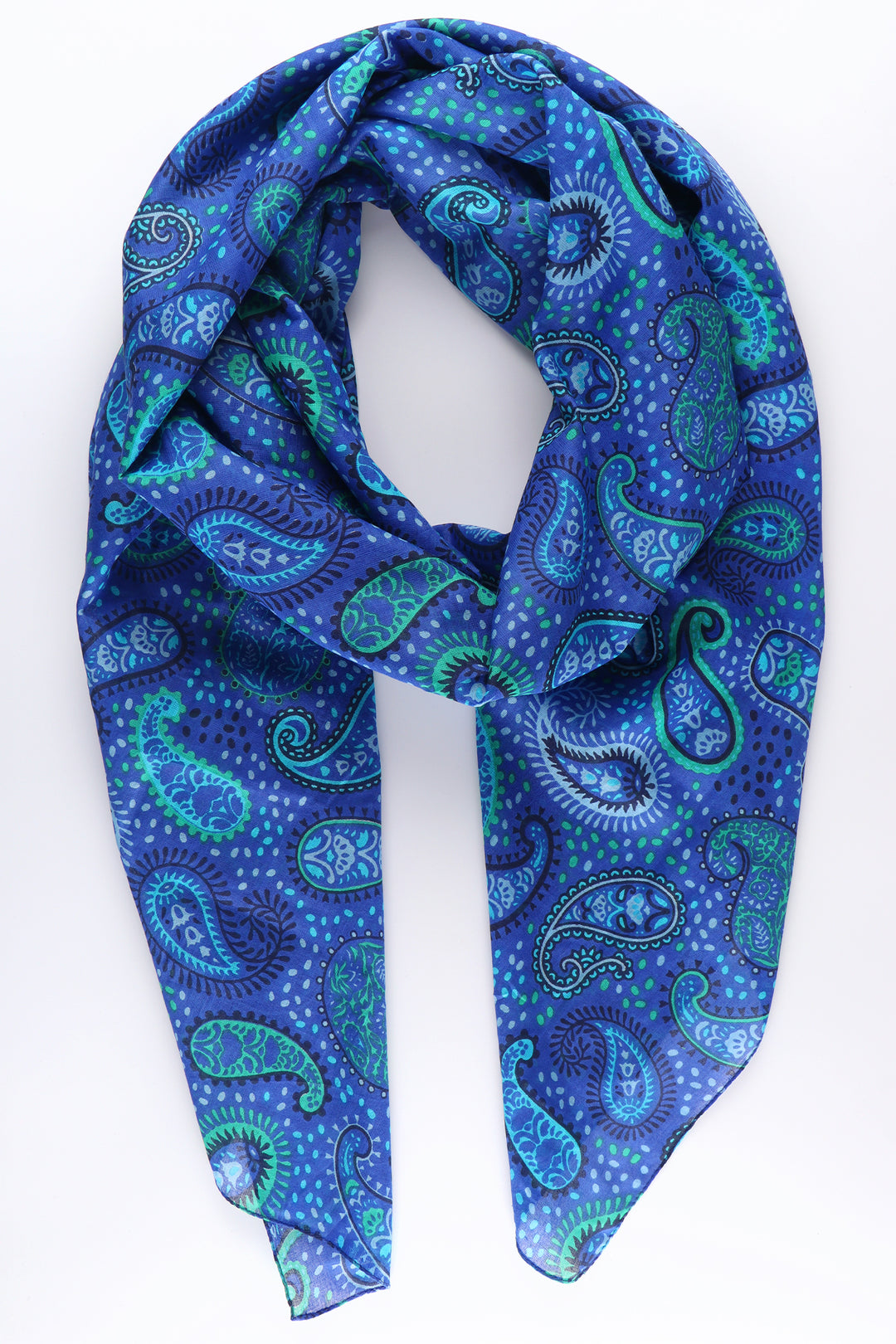 blue paisley pattern lightweight scarf, the scarf is blue with green paisley patterns