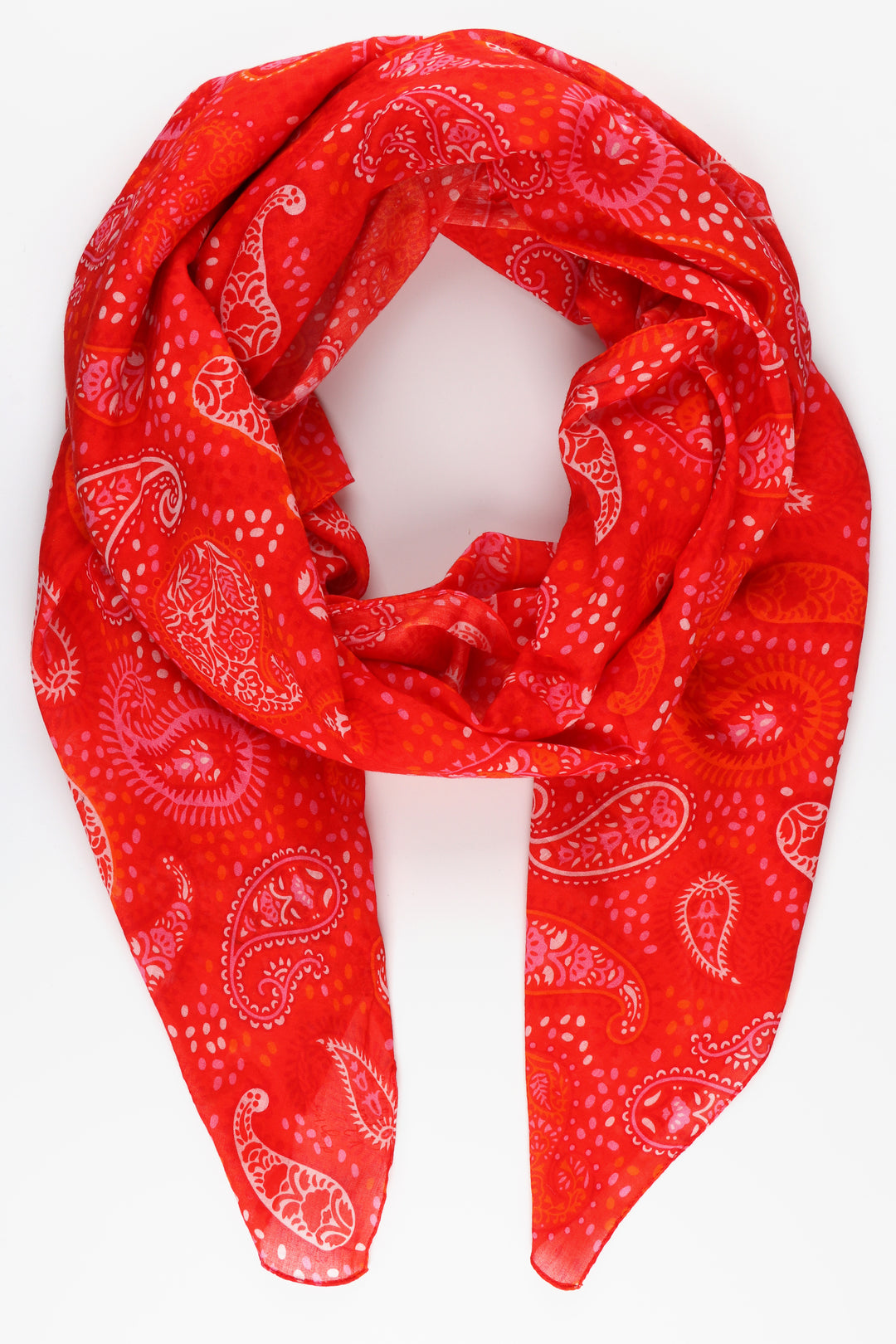 red scarf with an all over white  paisley print pattern
