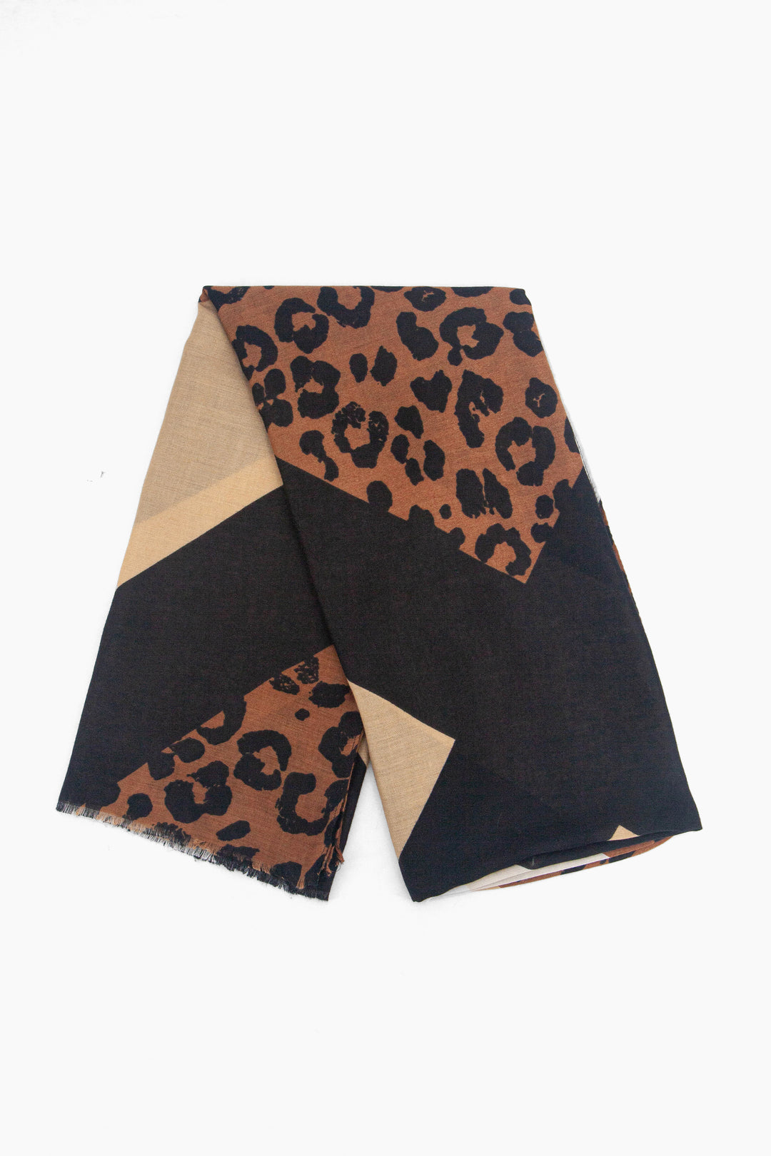 showing the scarf folded, the neutral and black colour block and neutral leopard print pattern is shown to cover the full design