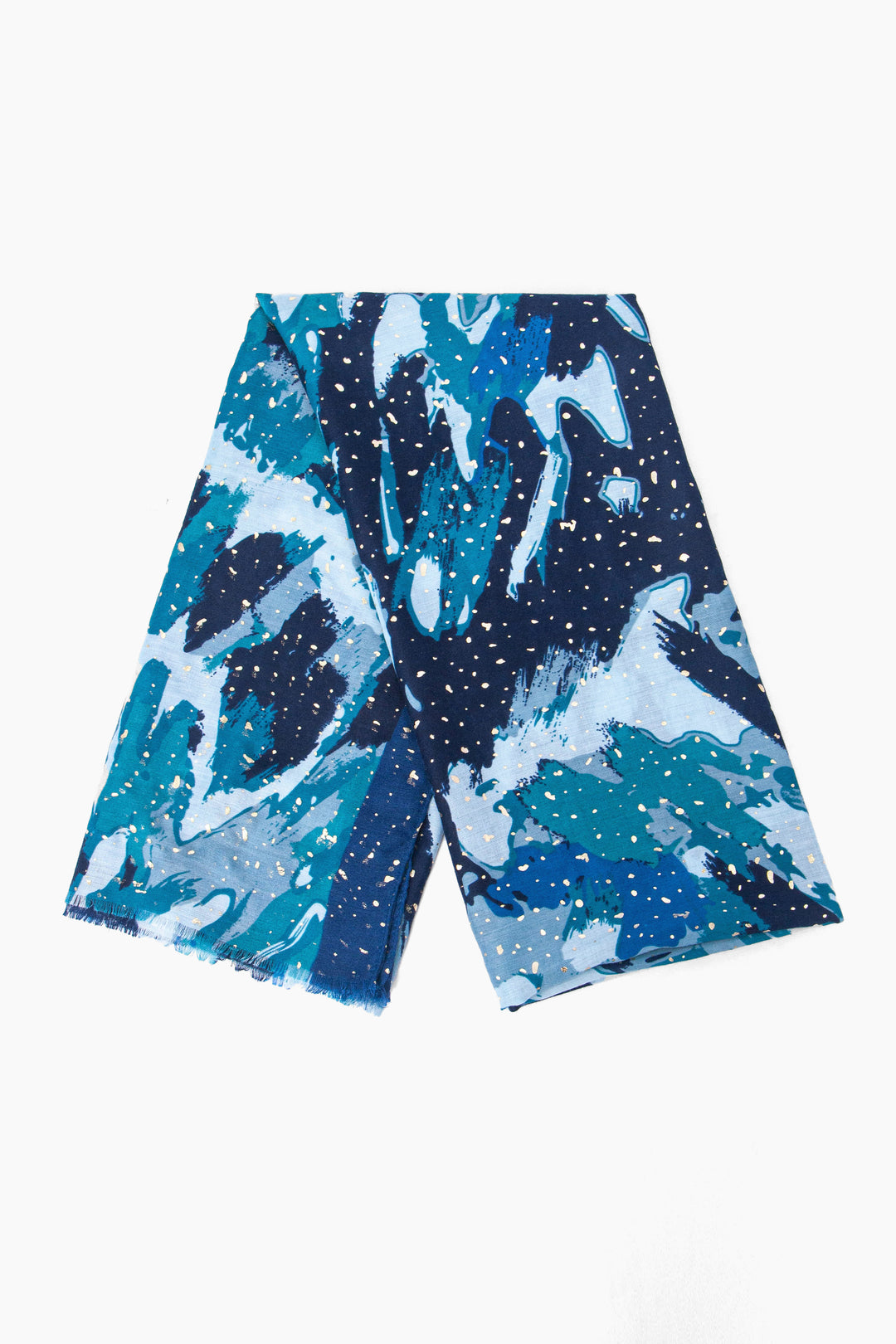 showing the scarf folded, the blue wavy abstract pattern is shown to cover the full design