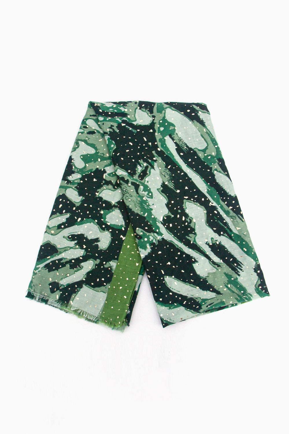 showing the scarf folded, the green wavy abstract pattern is shown to cover the full design