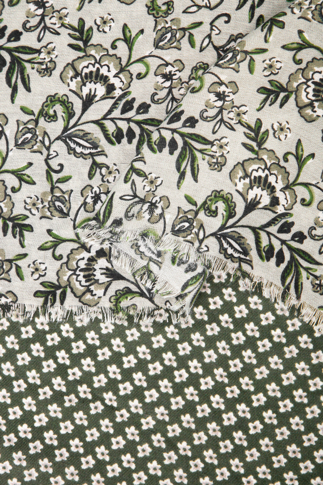 close up of the soft viscose fabric, the khaki contrasting floral patterns are shown