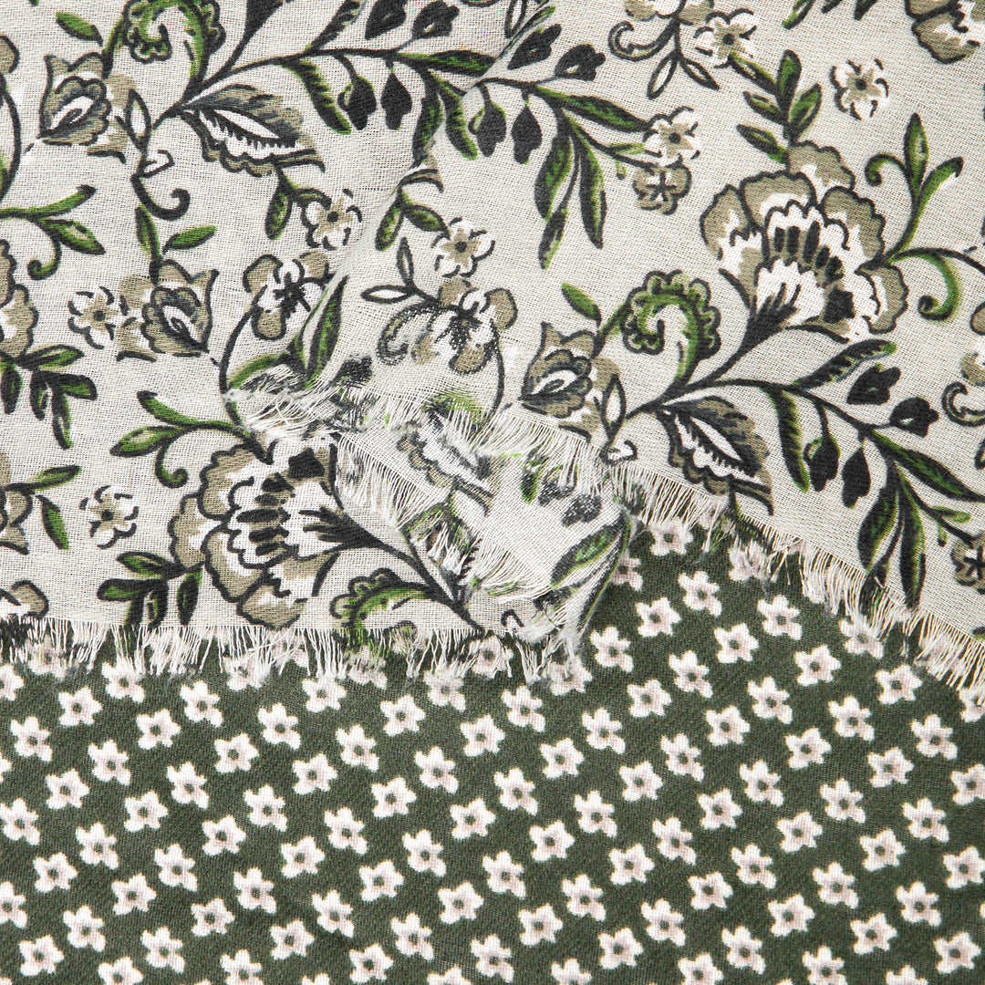 close up of the soft viscose fabric, the khaki contrasting floral patterns are shown